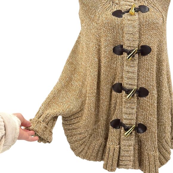 MICHAEL Michael Kors Tan White Chunky Knit Toggle Zipper Poncho Cardigan Sweater - Picture 6 of 13